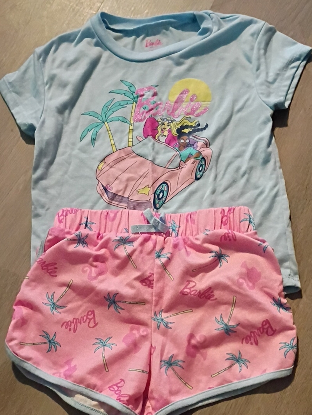 Barbie Girls' Pink & Light Blue Palm-Print Pajama Set